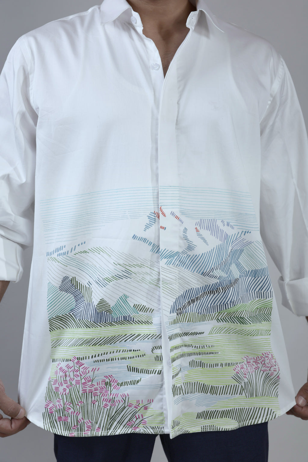 Long Sleeves hand painted scenic linen shirt