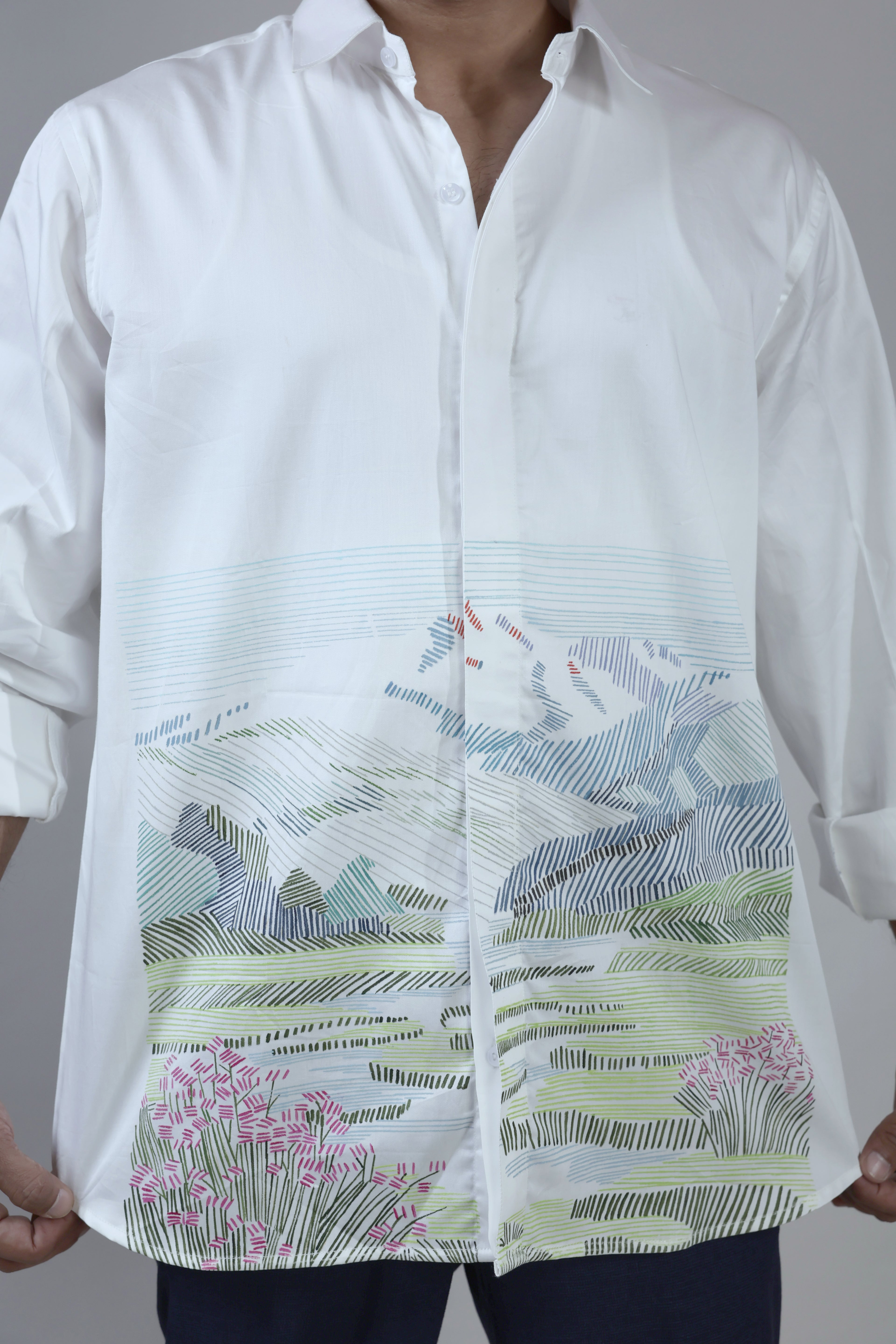 Long Sleeves hand painted scenic linen shirt