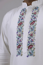 Full sleeves, Boski, Hand-painted Floral chest print, Off-white, kurta