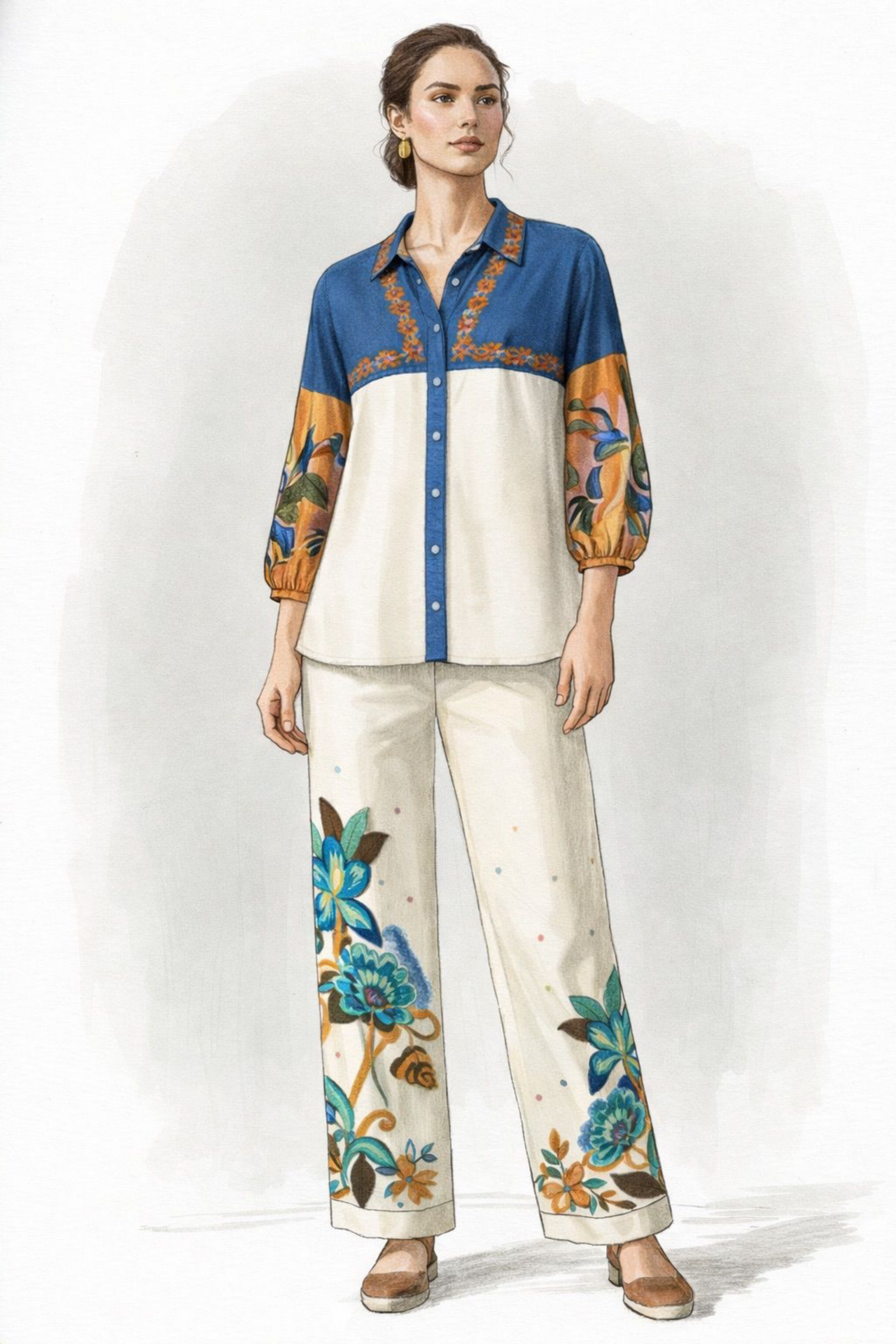 Pure Modal, Floral Hand-Painted, White-Blue Cord-Set