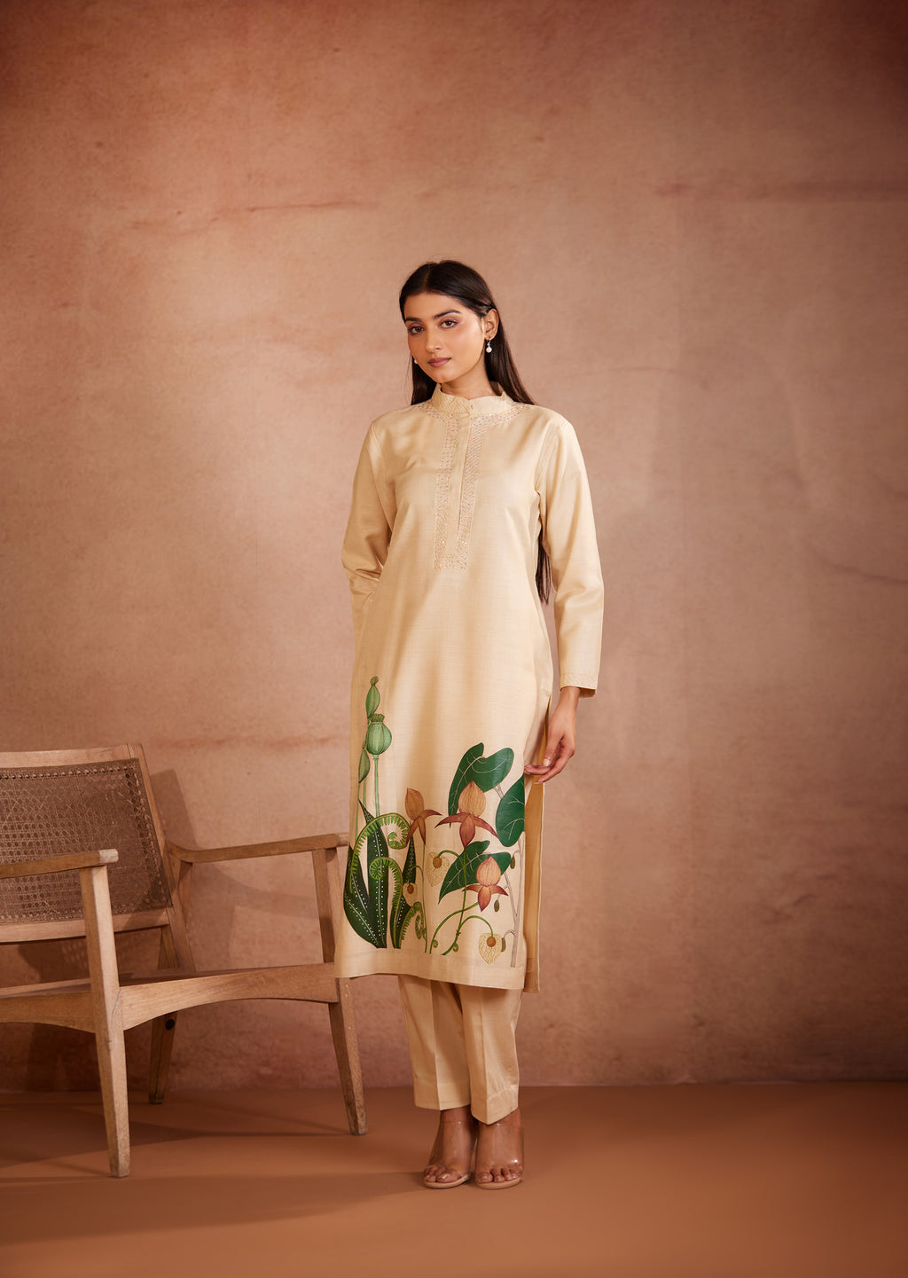 Full Sleeves Floral hand Painted Beige Kurti