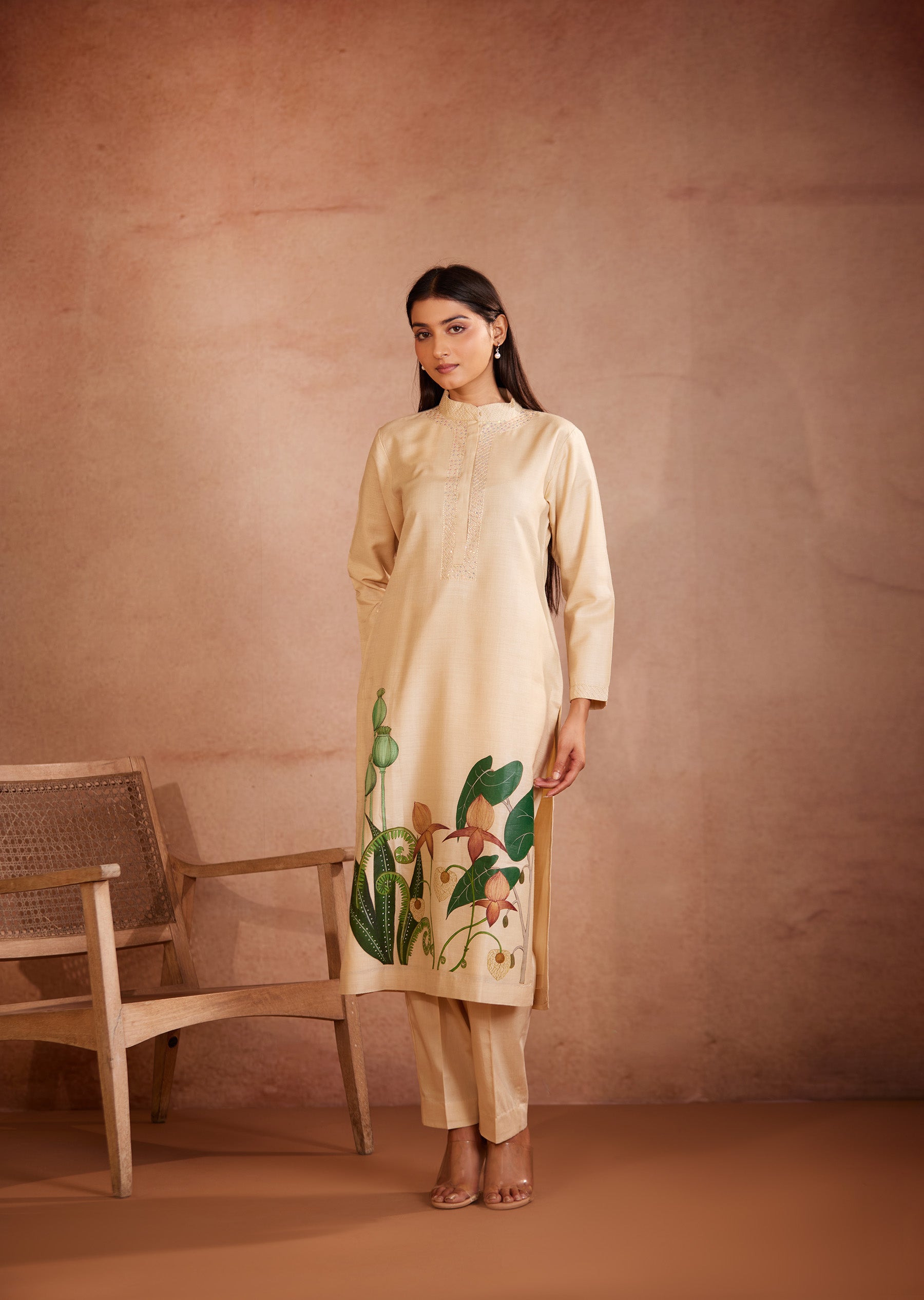 Full Sleeves Floral hand Painted Beige Kurti