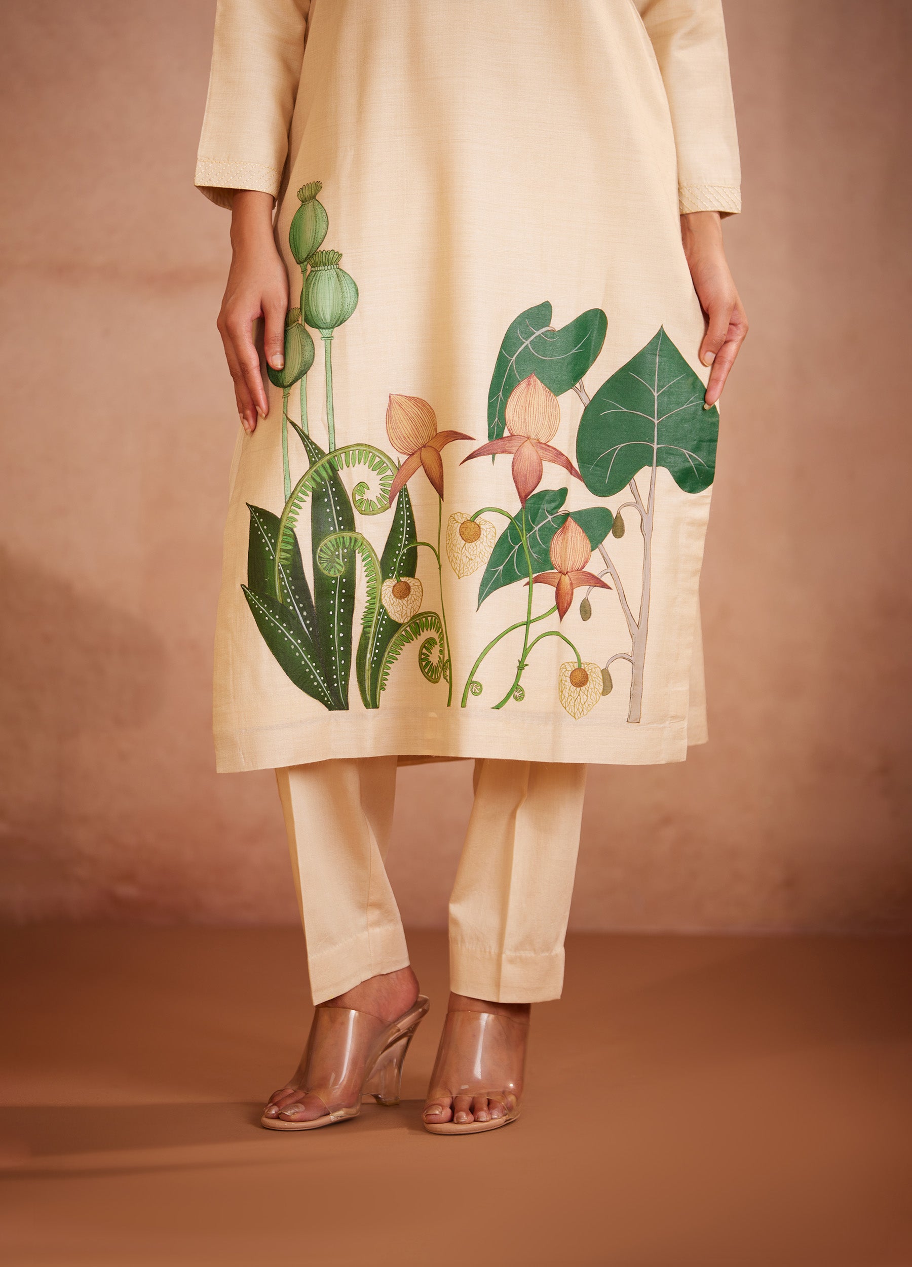 Full Sleeves Floral hand Painted Beige Kurti