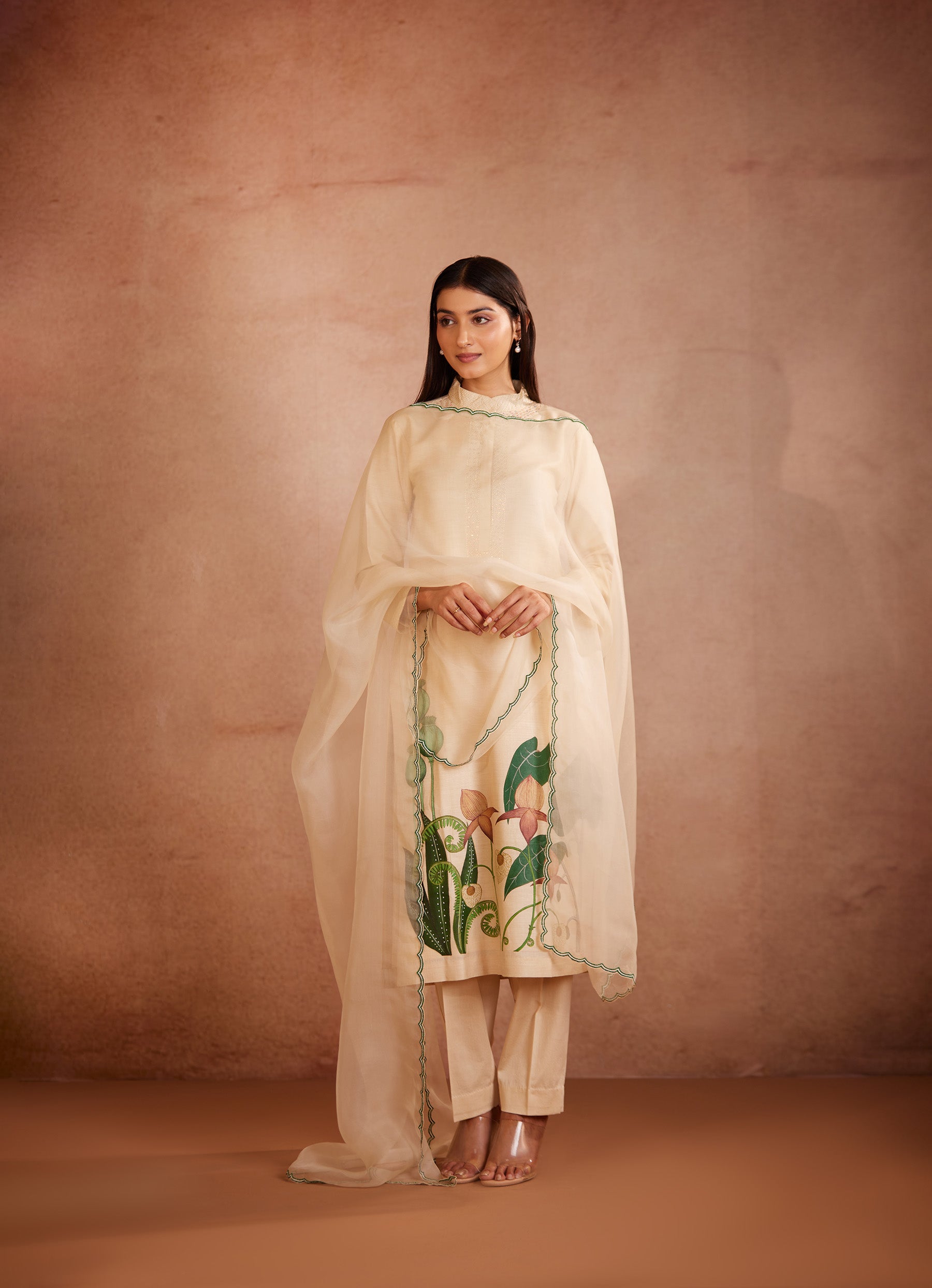 Full Sleeves Floral hand Painted Beige Kurti
