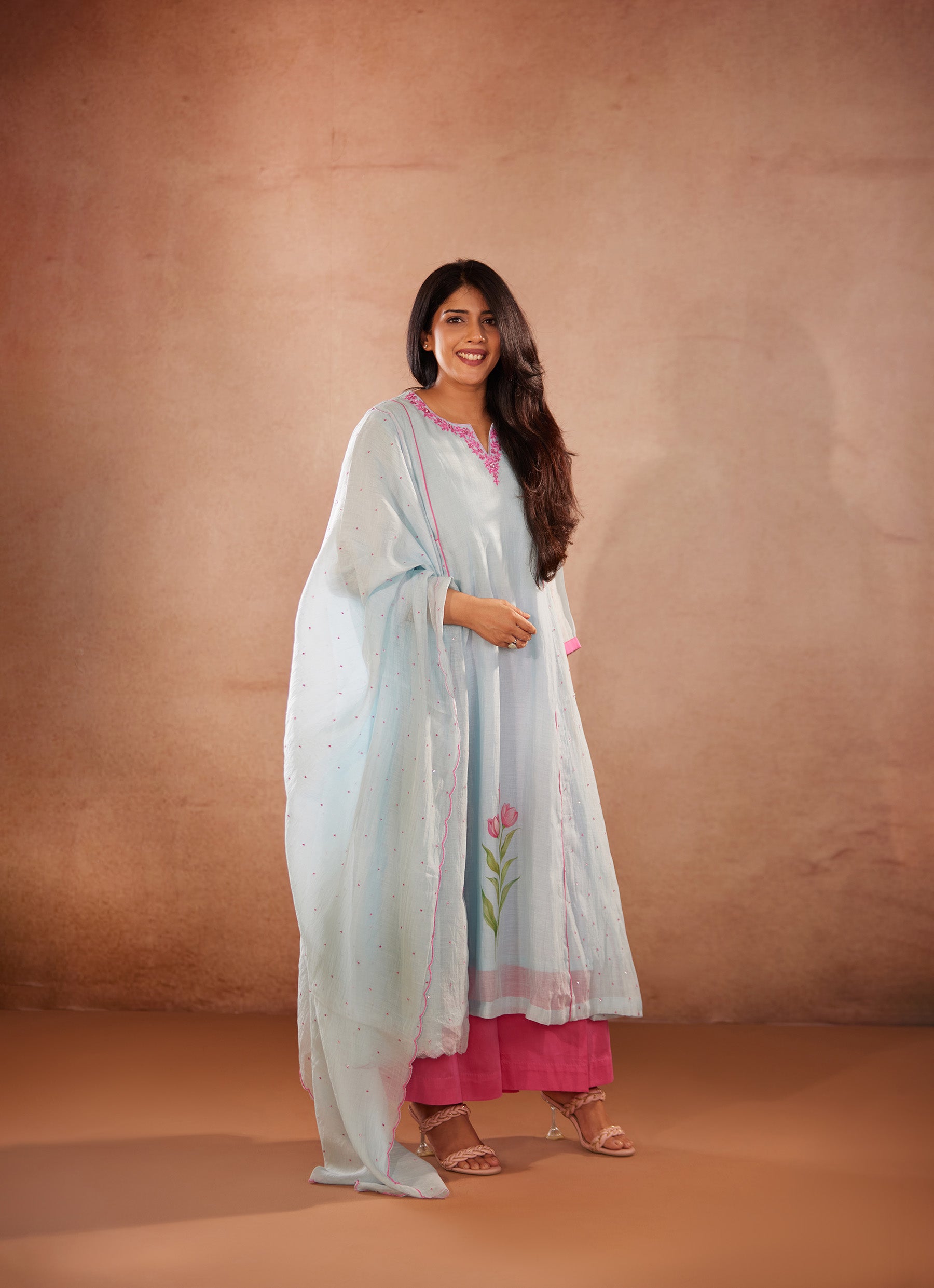 Full-Sleeves, Floral Hand Painted, Blue kurti