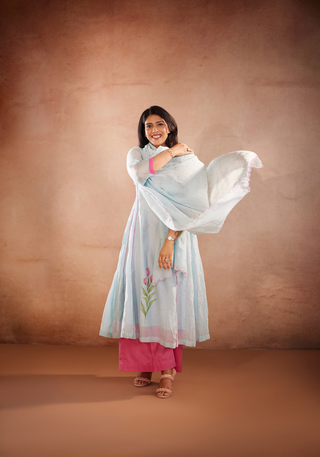 Full-Sleeves, Floral Hand Painted, Blue kurti