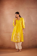 Full Sleeves Yellow Hand-Painted Kurti