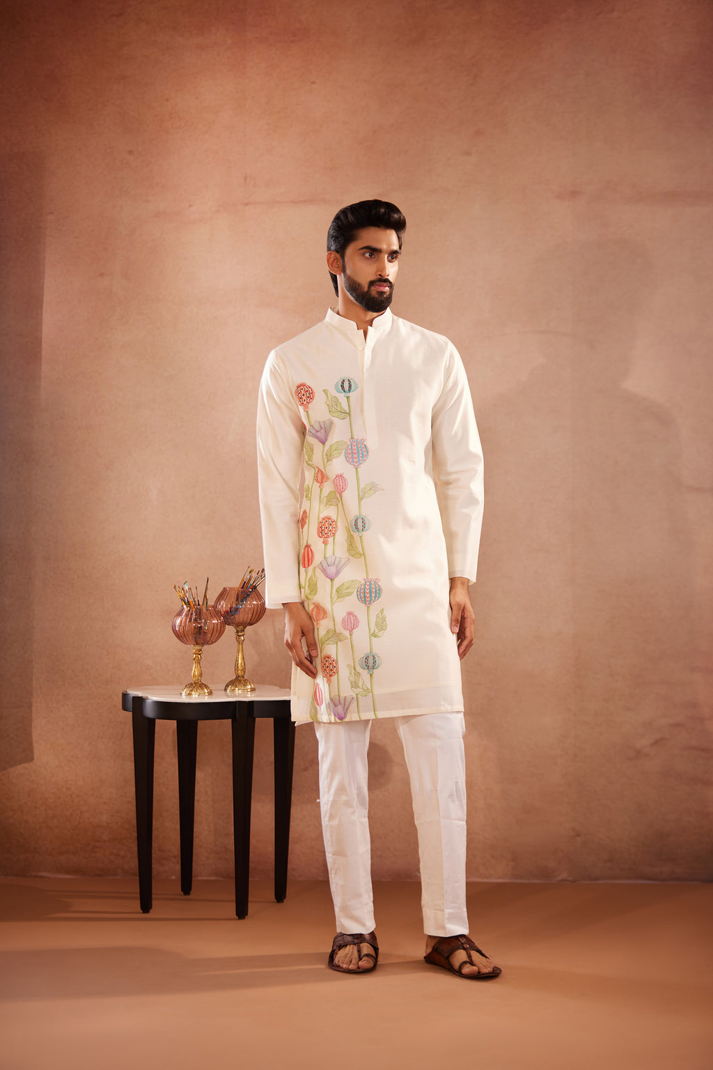 Full Sleeves, Chanderi, Hand-Painted Anar, Off-White Kurta