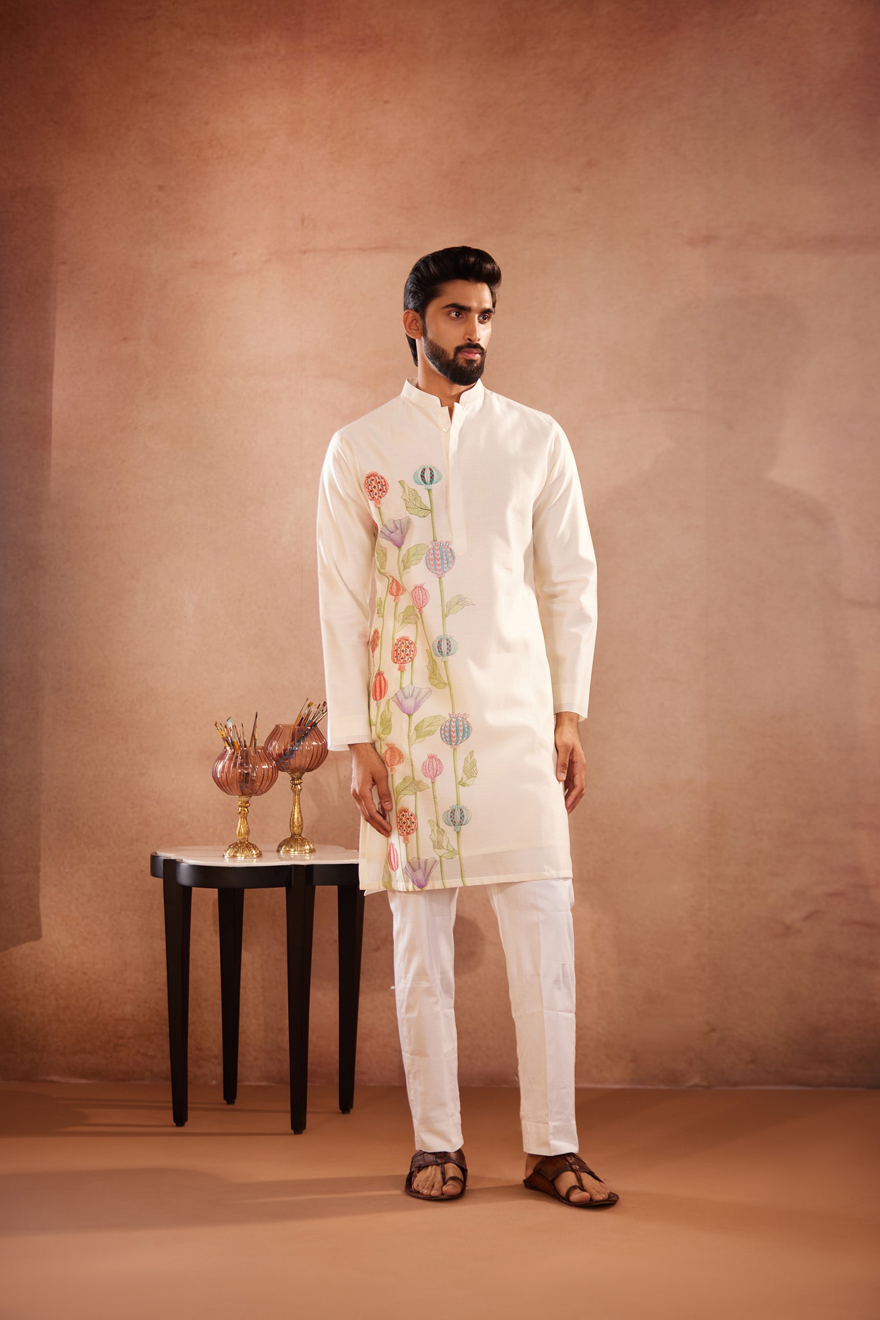 Full Sleeves, Chanderi, Hand-Painted Anar, Off-White Kurta