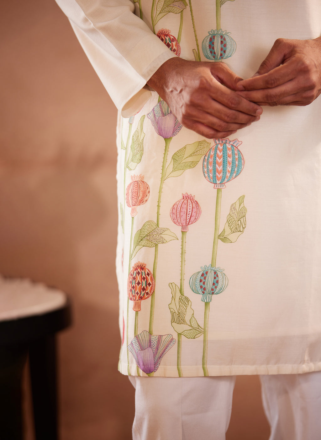 Full Sleeves, Chanderi, Hand-Painted Anar, Off-White Kurta
