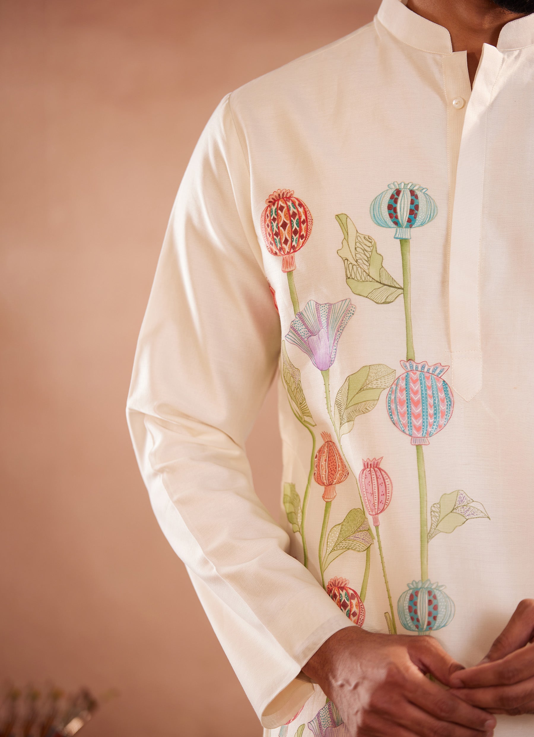 Full Sleeves, Chanderi, Hand-Painted Anar, Off-White Kurta