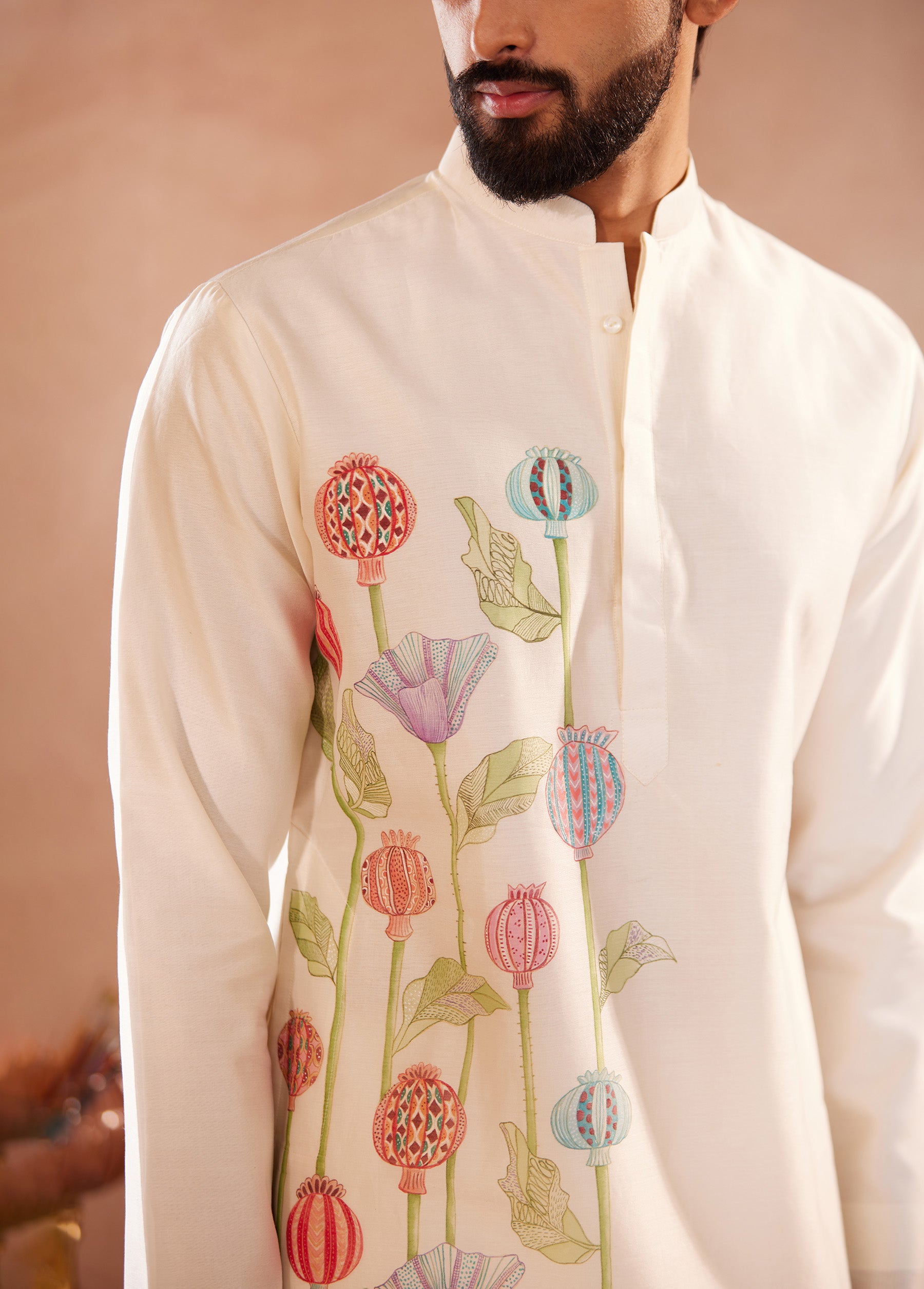 Full Sleeves, Chanderi, Hand-Painted Anar, Off-White Kurta