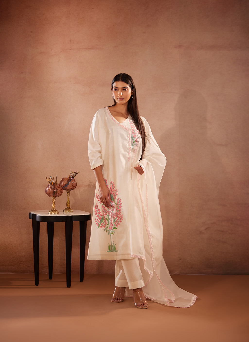 Full Sleeves, Floral Hand Painted, Off-White kurti