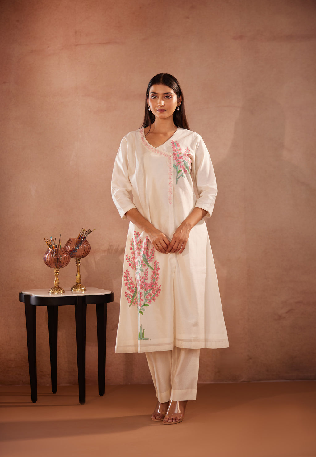 Full Sleeves, Floral Hand Painted, Off-White kurti