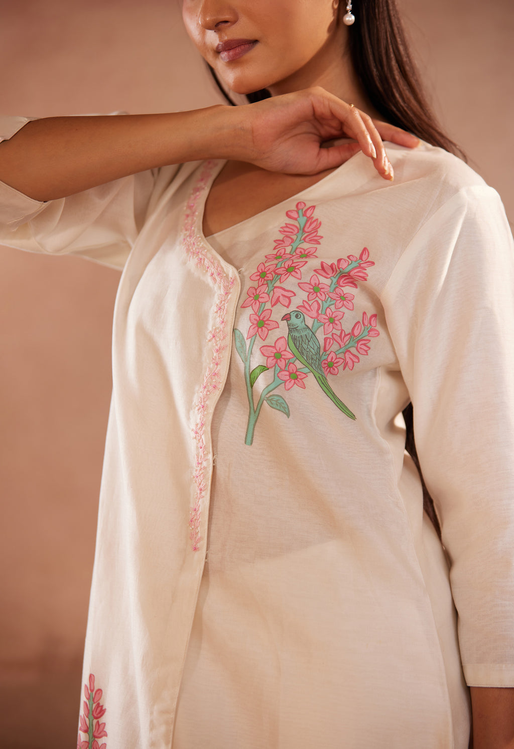 Full Sleeves, Floral Hand Painted, Off-White kurti