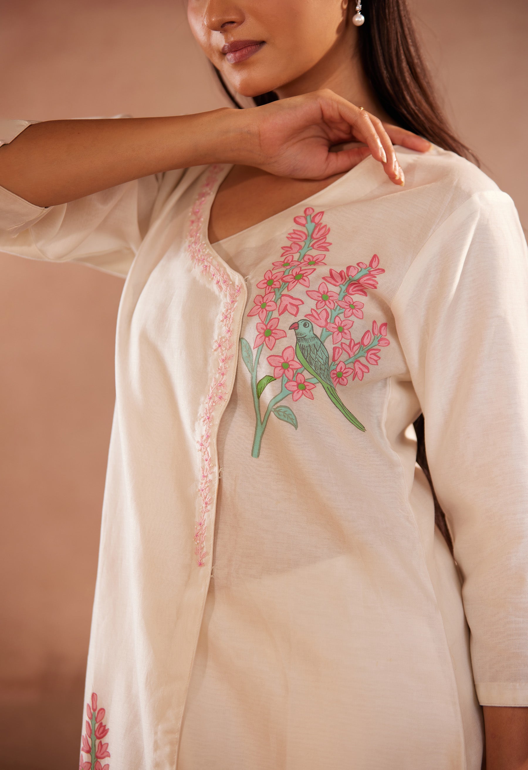 Full Sleeves, Floral Hand Painted, Off-White kurti