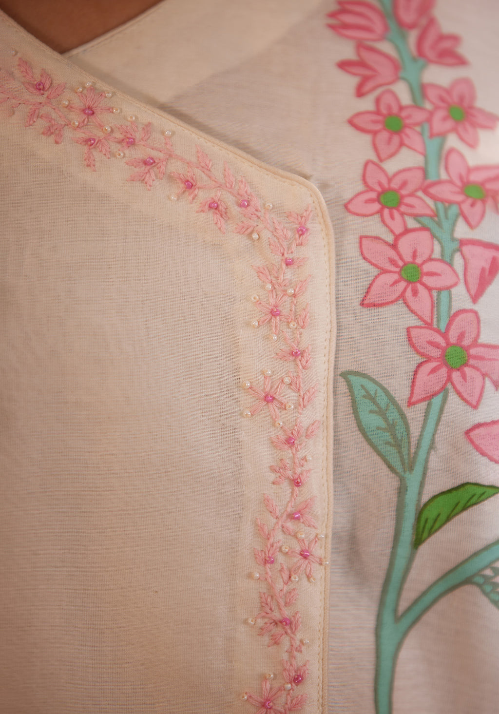 Full Sleeves, Floral Hand Painted, Off-White kurti