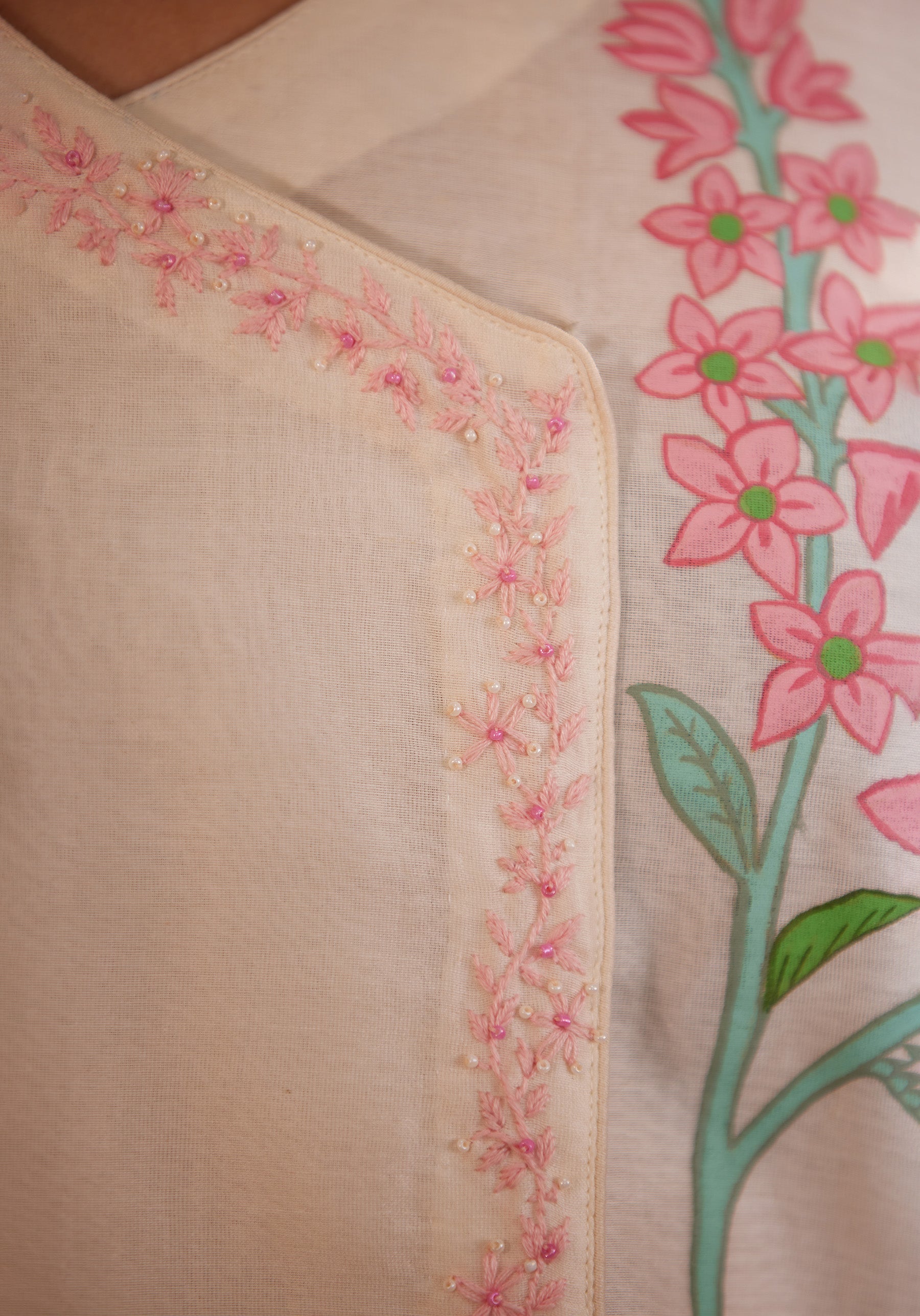 Full Sleeves, Floral Hand Painted, Off-White kurti