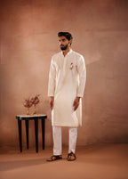 Full Sleeves, Hand Painted Bird Chest Print, Off-White Kurta