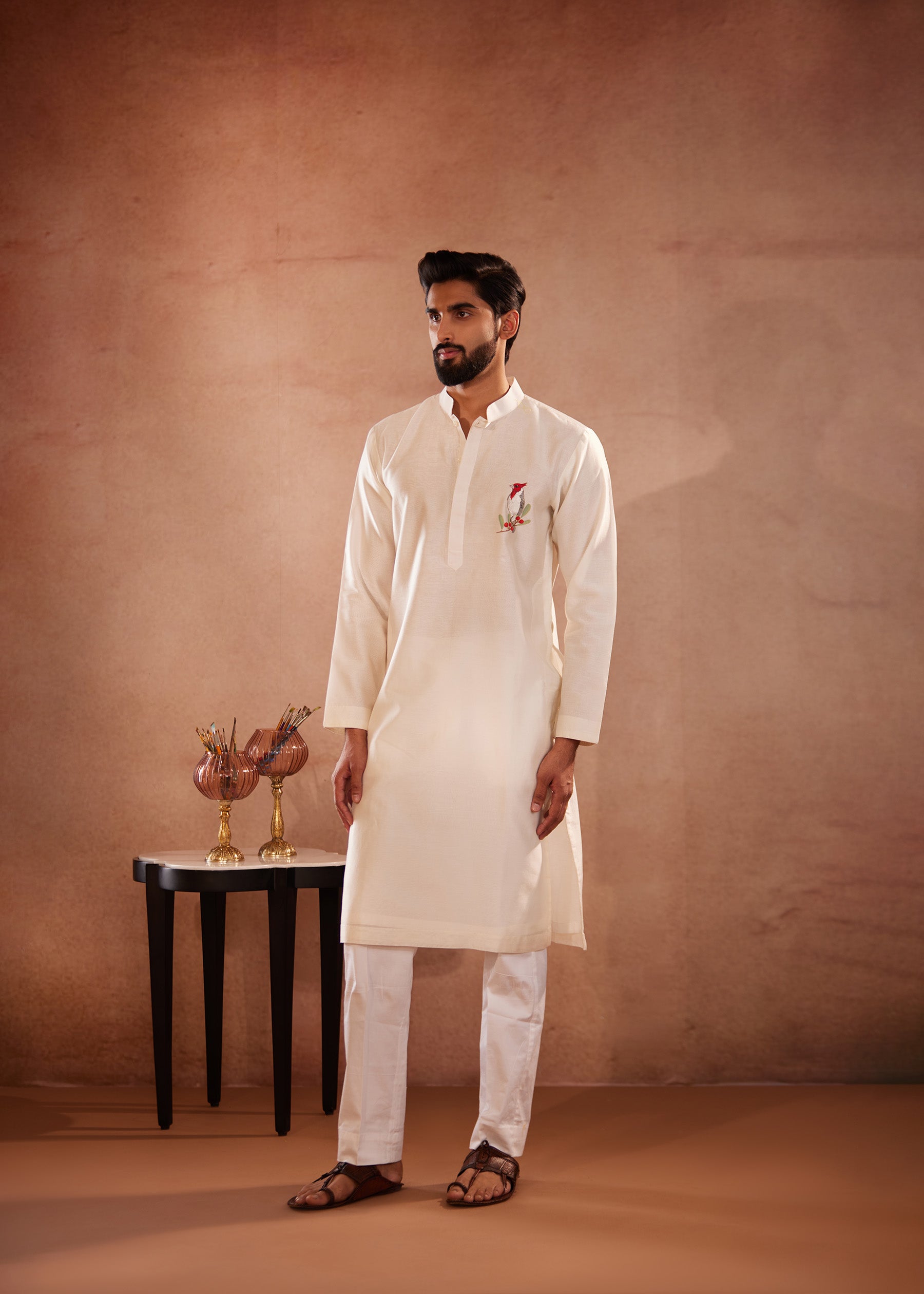 Full Sleeves, Hand Painted Bird Chest Print, Off-White Kurta
