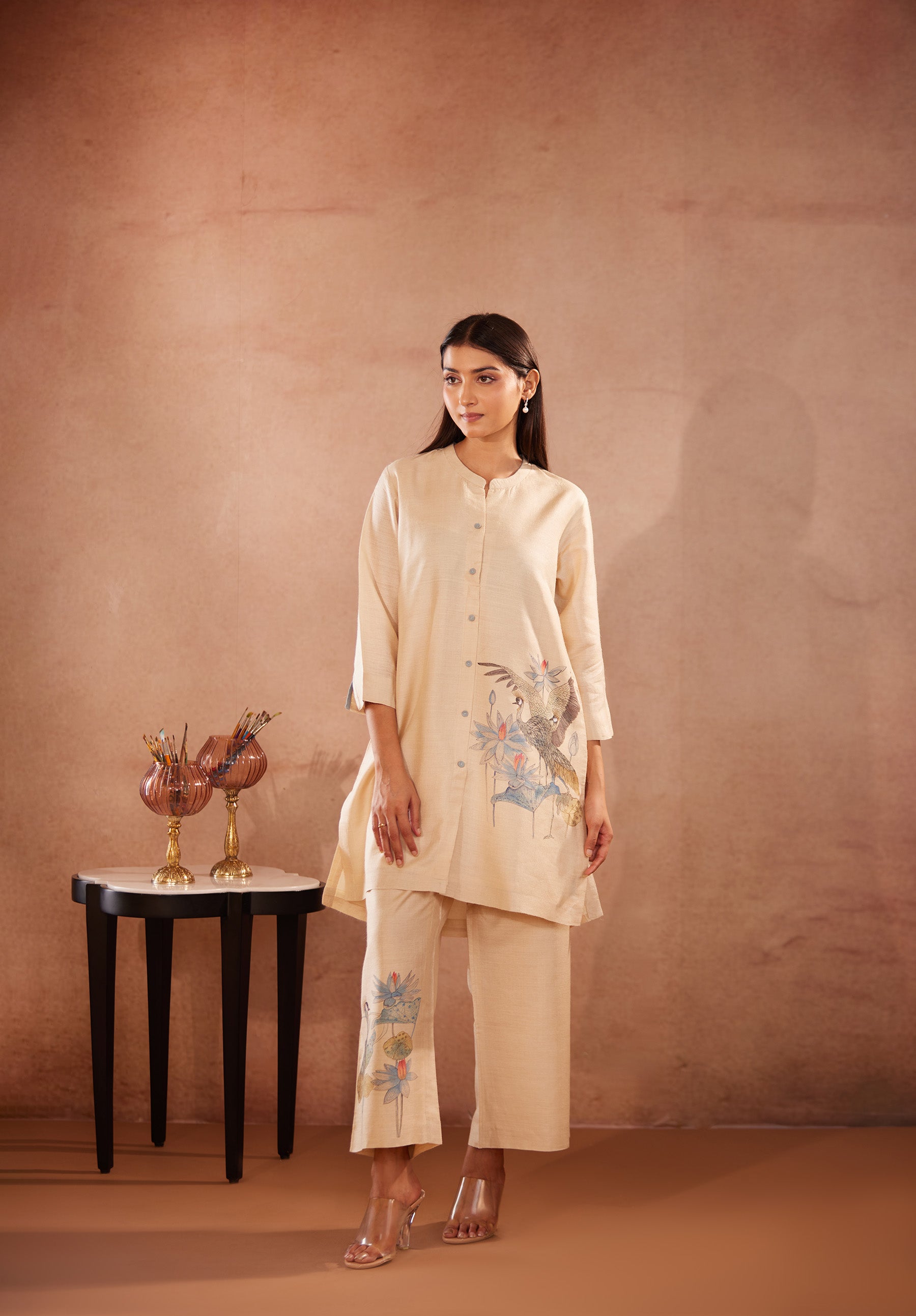 Full Sleeves, Crane Hand Painted, Beige Kurti