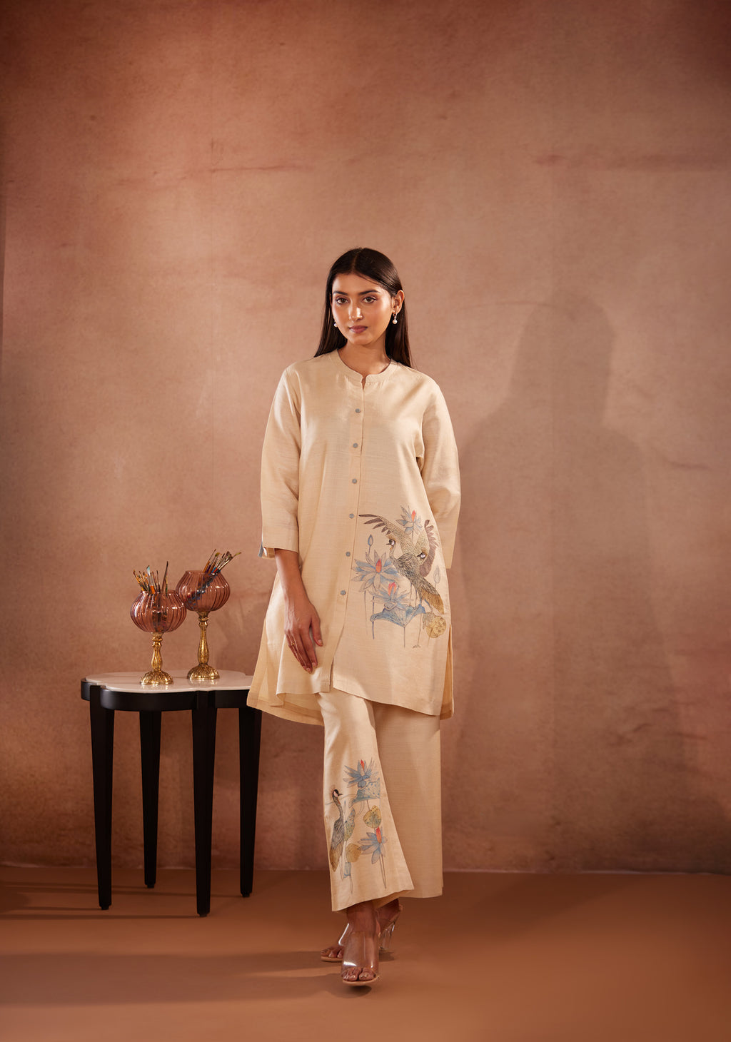 Full Sleeves, Crane Hand Painted, Beige Kurti