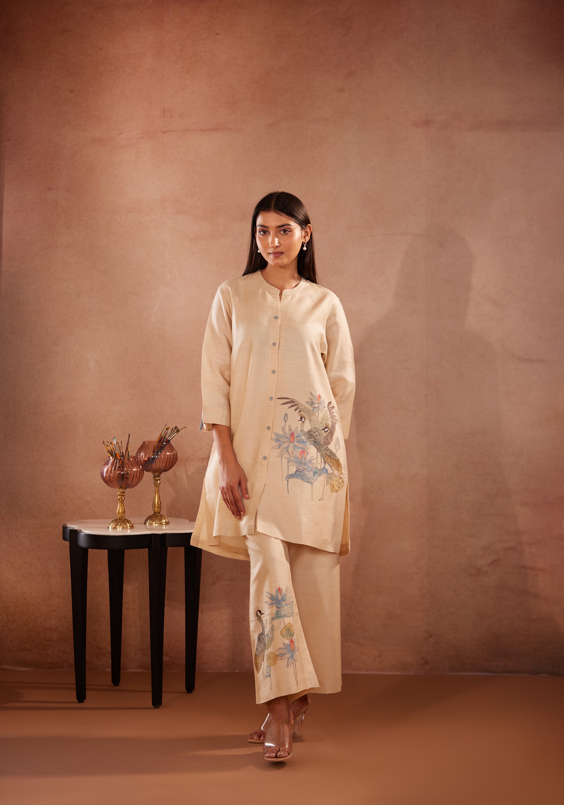 Full Sleeves, Crane Hand Painted, Beige Kurti