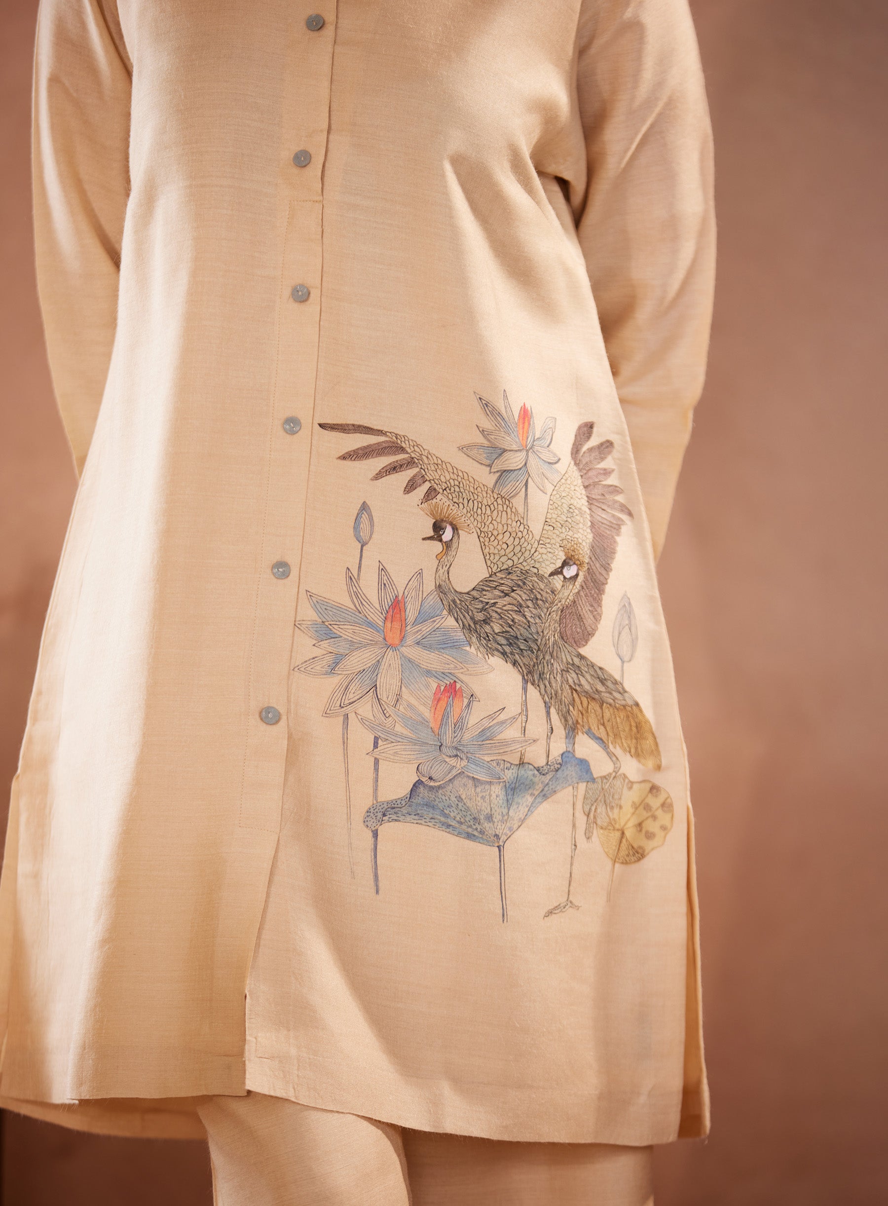 Full Sleeves, Crane Hand Painted, Beige Kurti