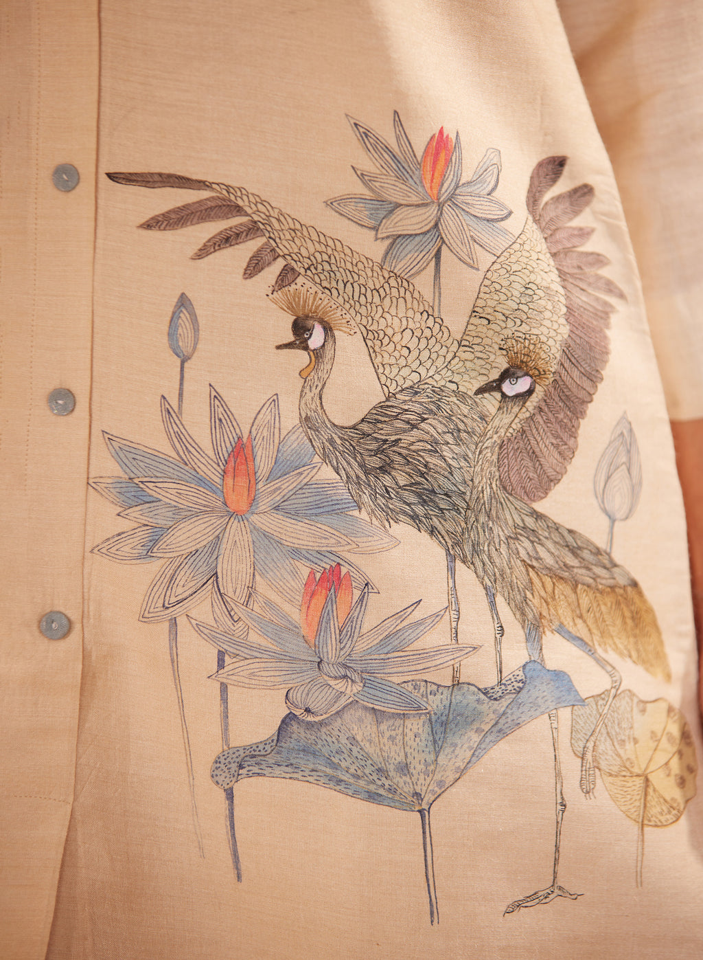 Full Sleeves, Crane Hand Painted, Beige Kurti