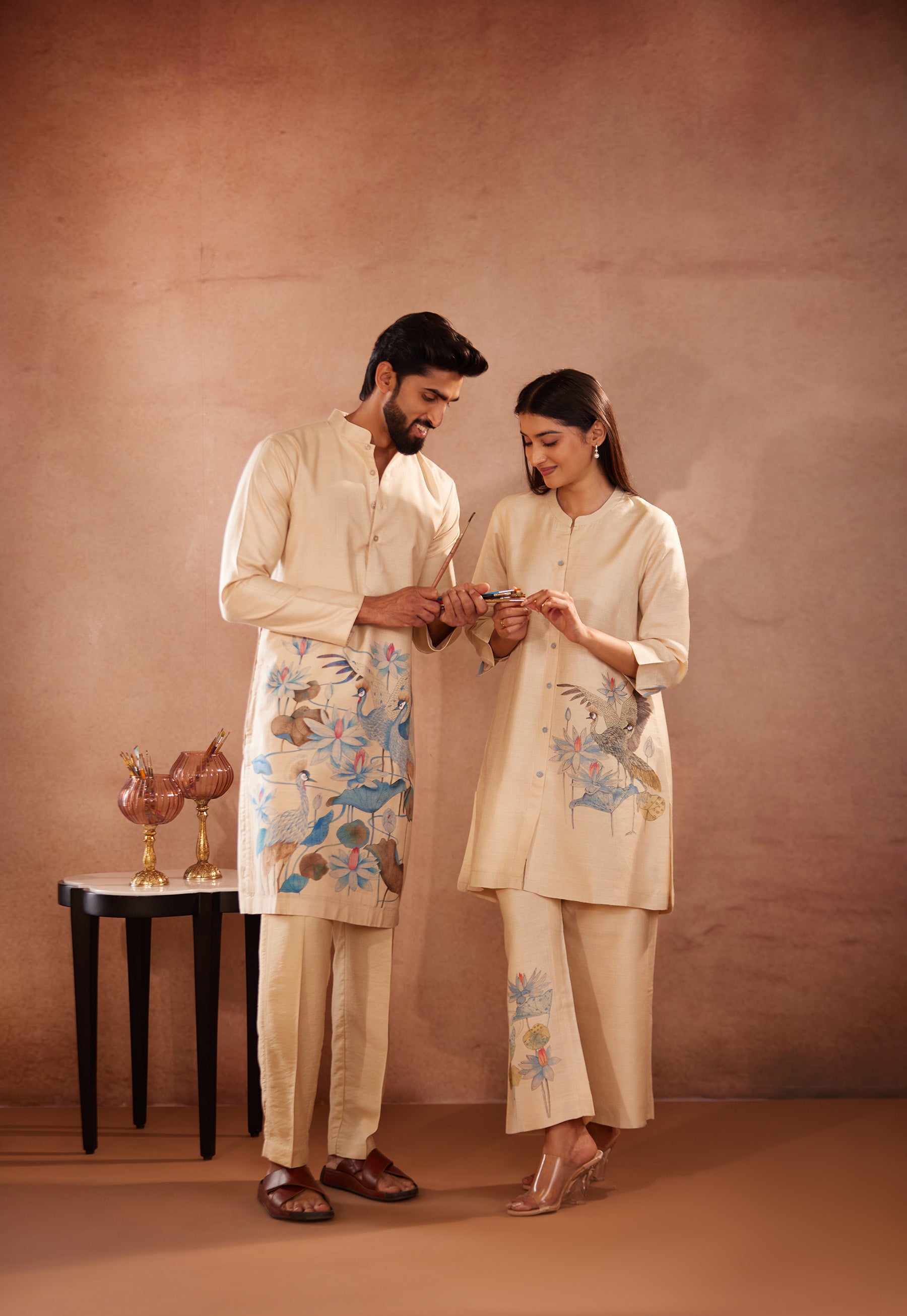 Lotus & Cranes Hand-Painted Kurta Set