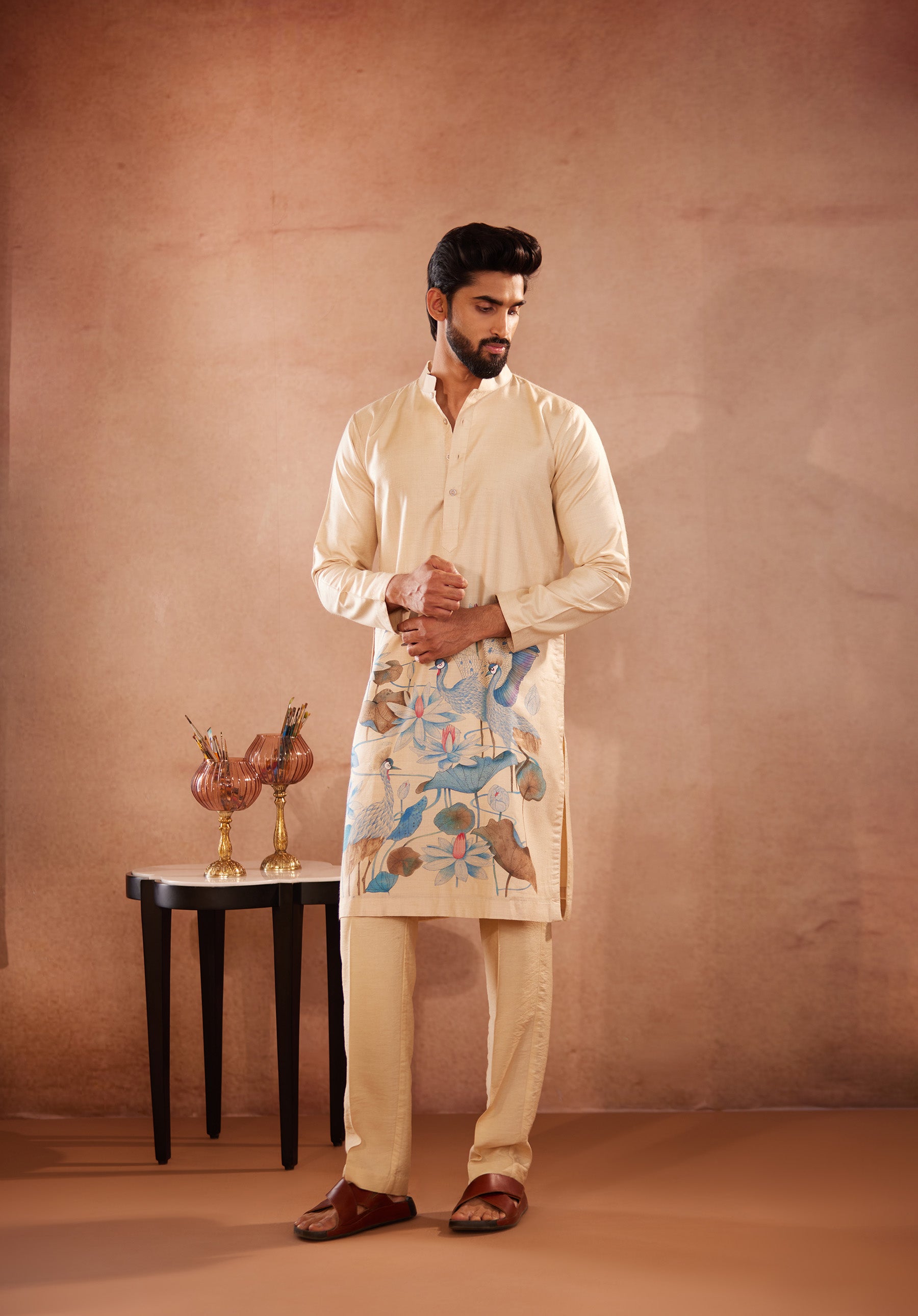 Lotus & Cranes Hand-Painted Kurta Set