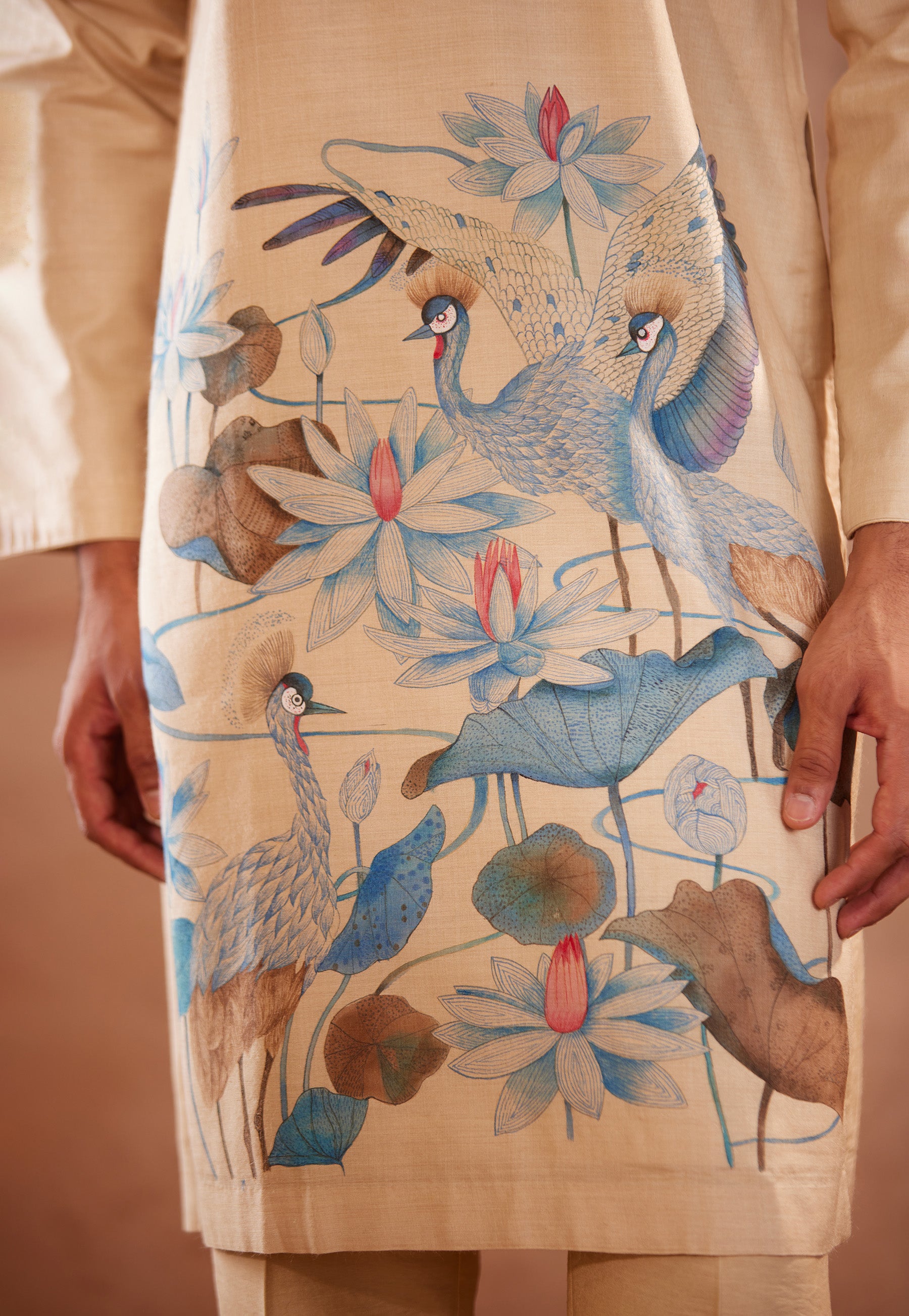 Lotus & Cranes Hand-Painted Kurta Set