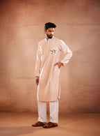 Full Sleeves, Hand Painted Bird Chest Print, Beige kurta