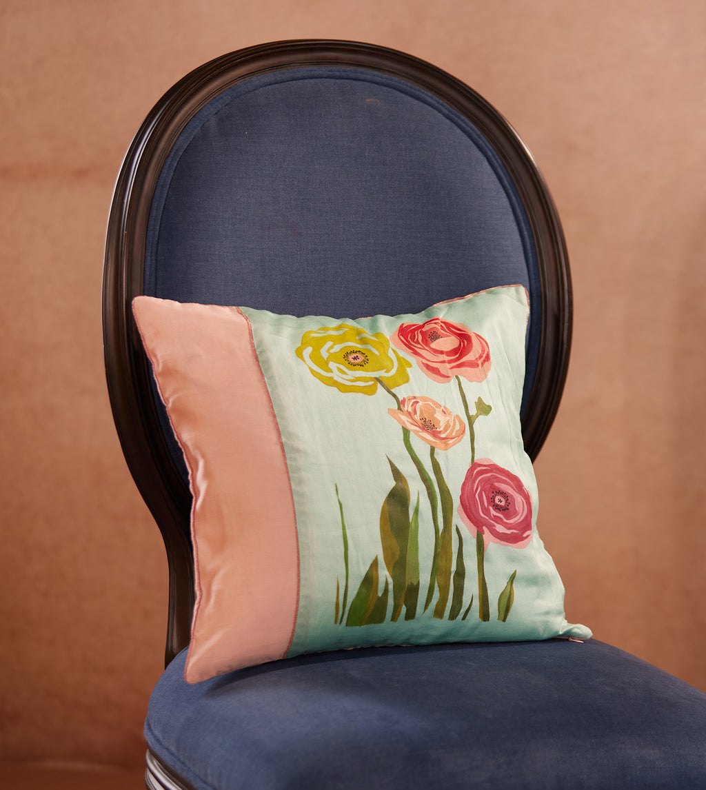 Blush Meadow Chanderi Silk Cushion Cover