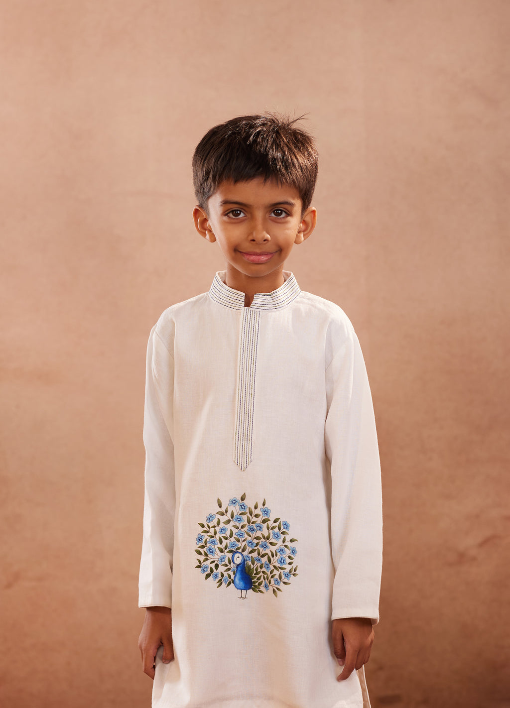 Blue peacock l linen hand painted kurta set