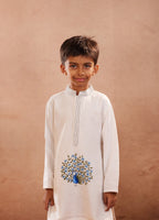 Blue peacock l linen hand painted kurta set