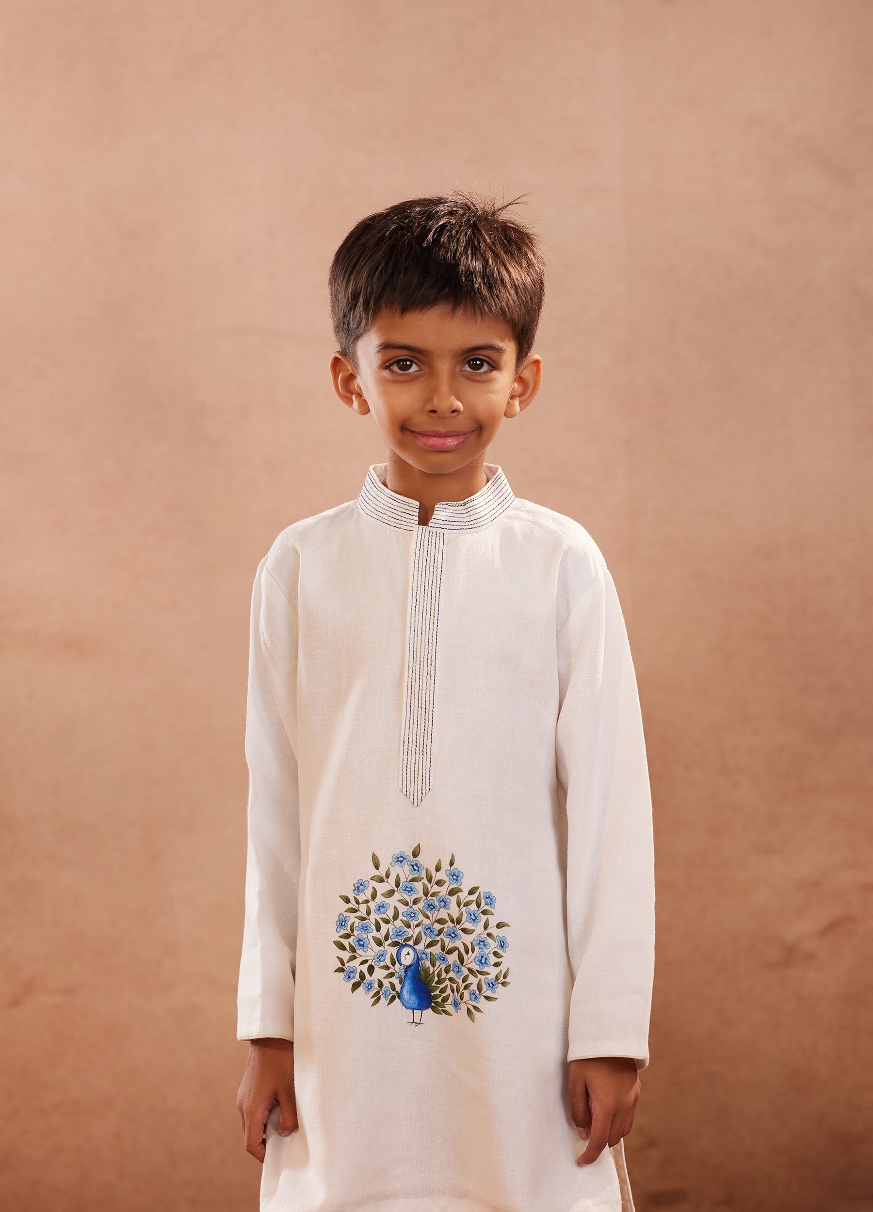 Blue peacock l linen hand painted kurta set