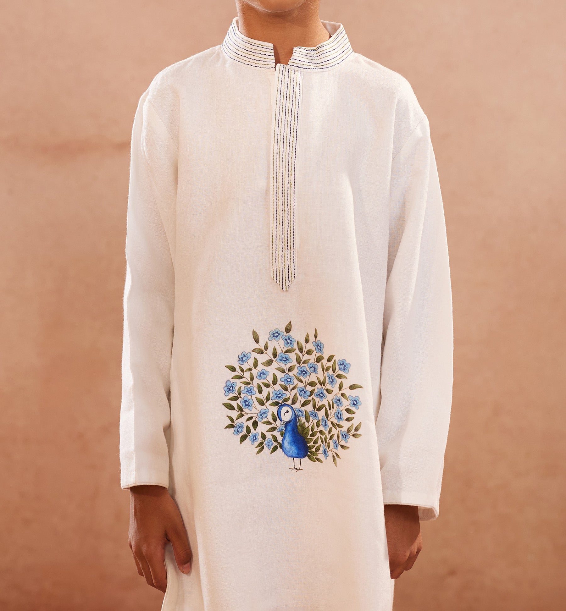 Blue peacock l linen hand painted kurta set