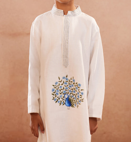 Blue peacock l linen hand painted kurta set