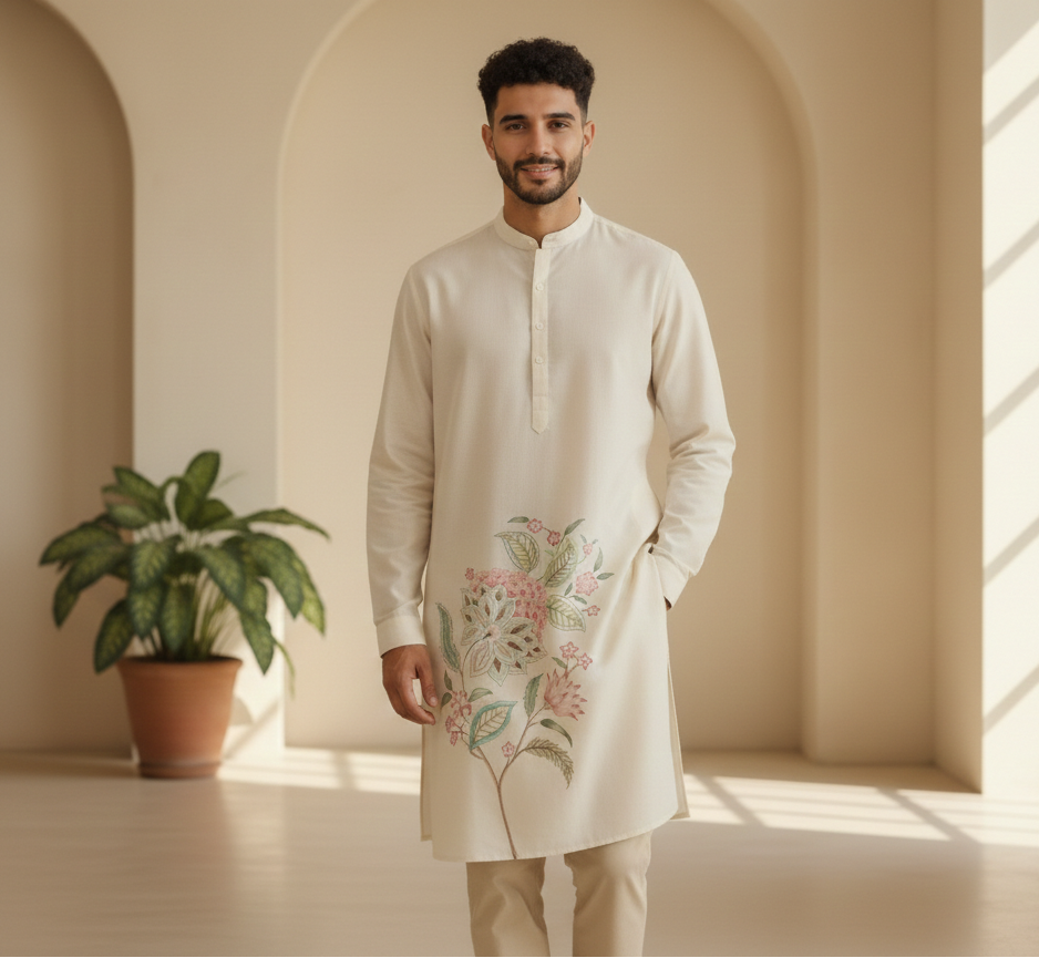 Man wearing a white kurta with floral patterns in a bright room with a plant.