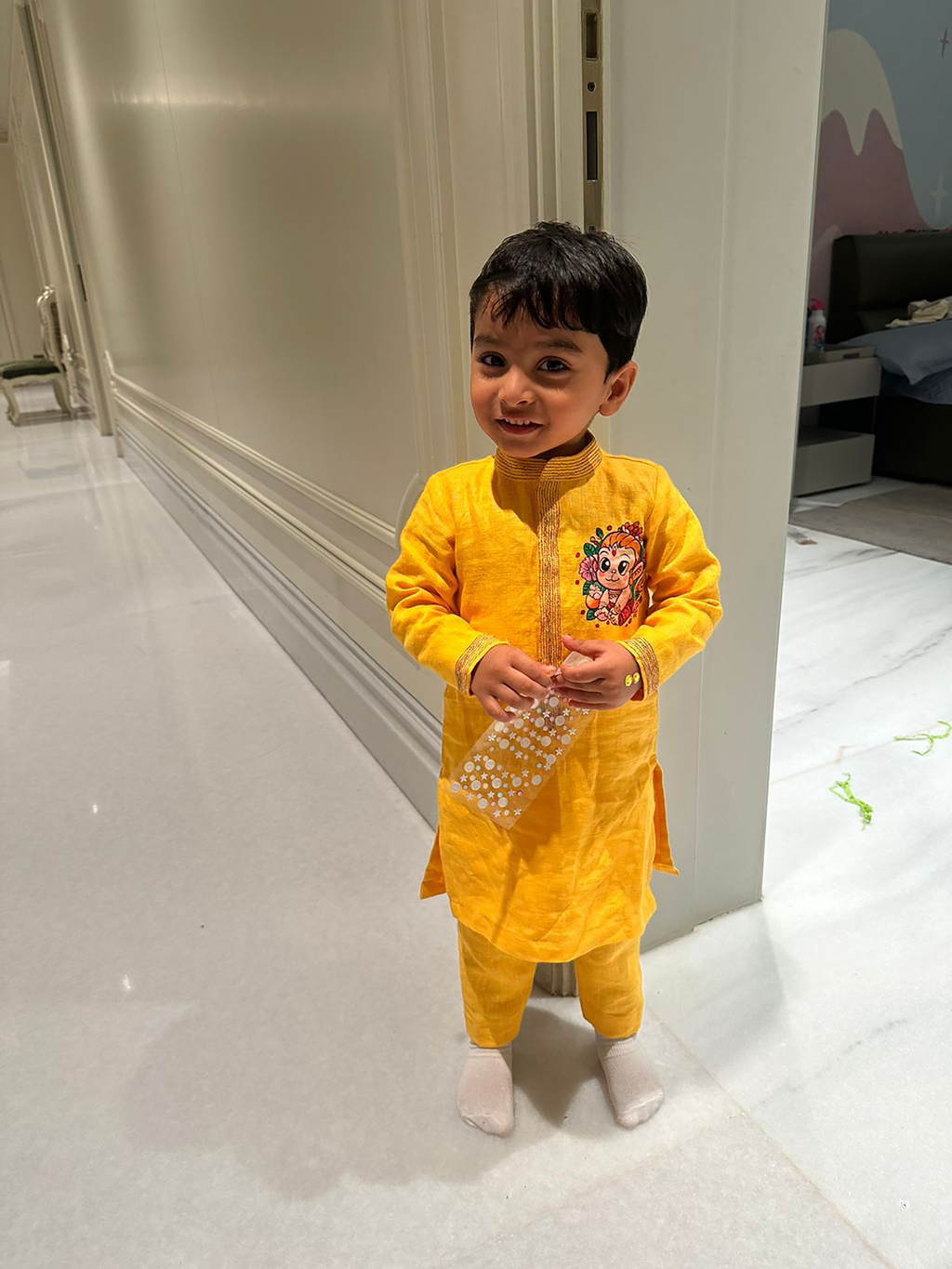 Bal Hanuman l Pure cotton satin hand painted kurta set