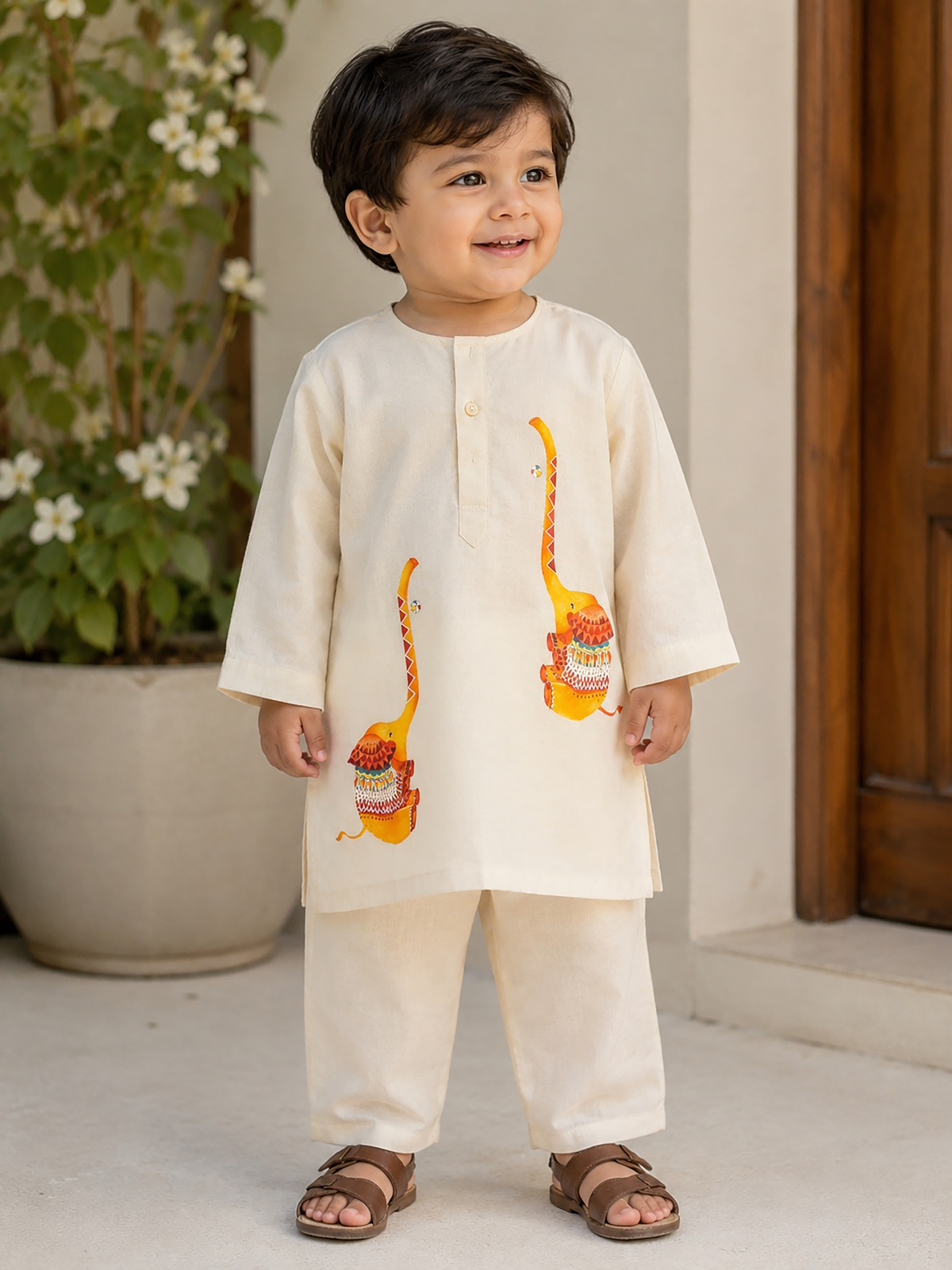 The Happy Elephant  I Chanderi Silk hand painted kurta set