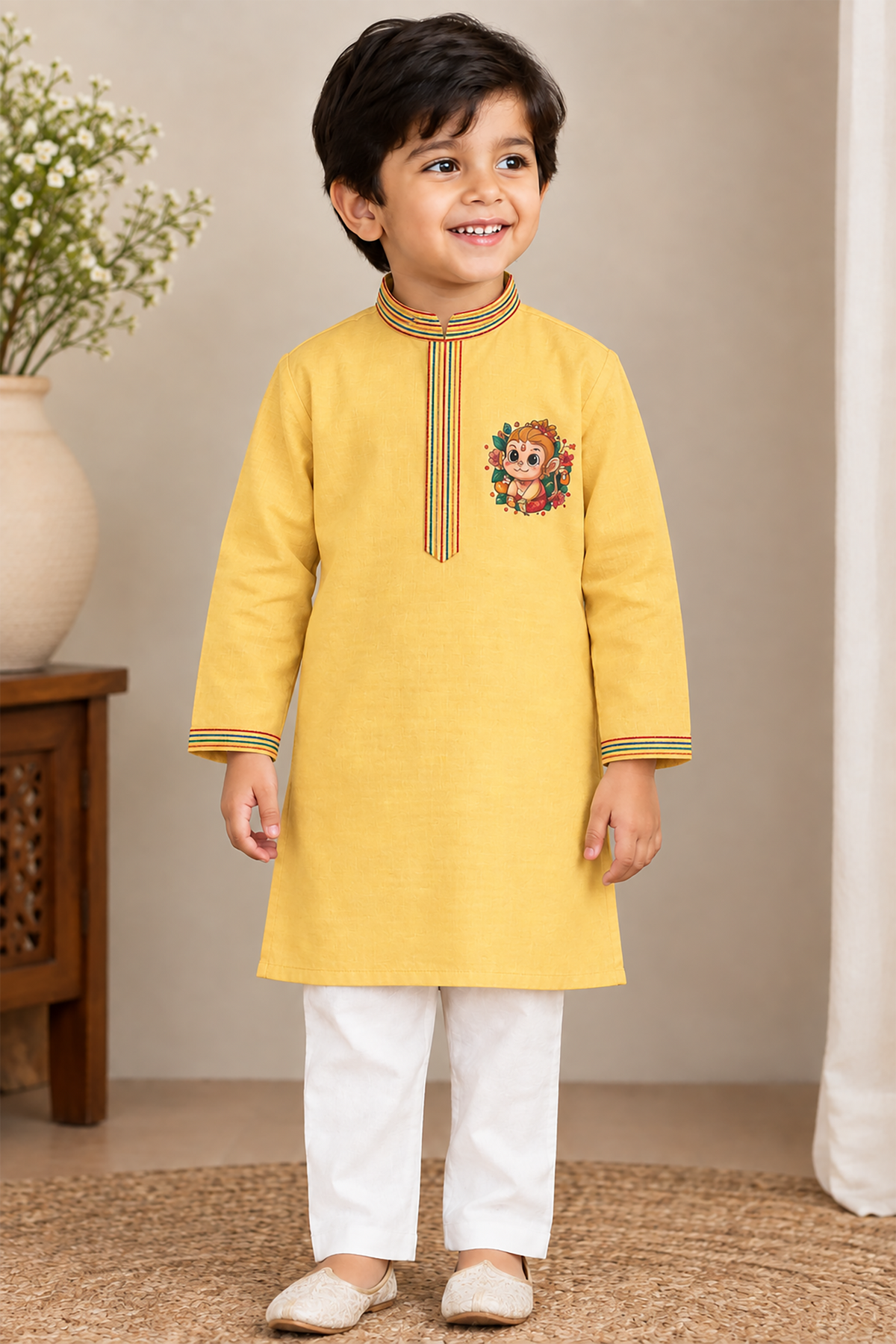 Bal Hanuman l Pure cotton satin hand painted kurta set