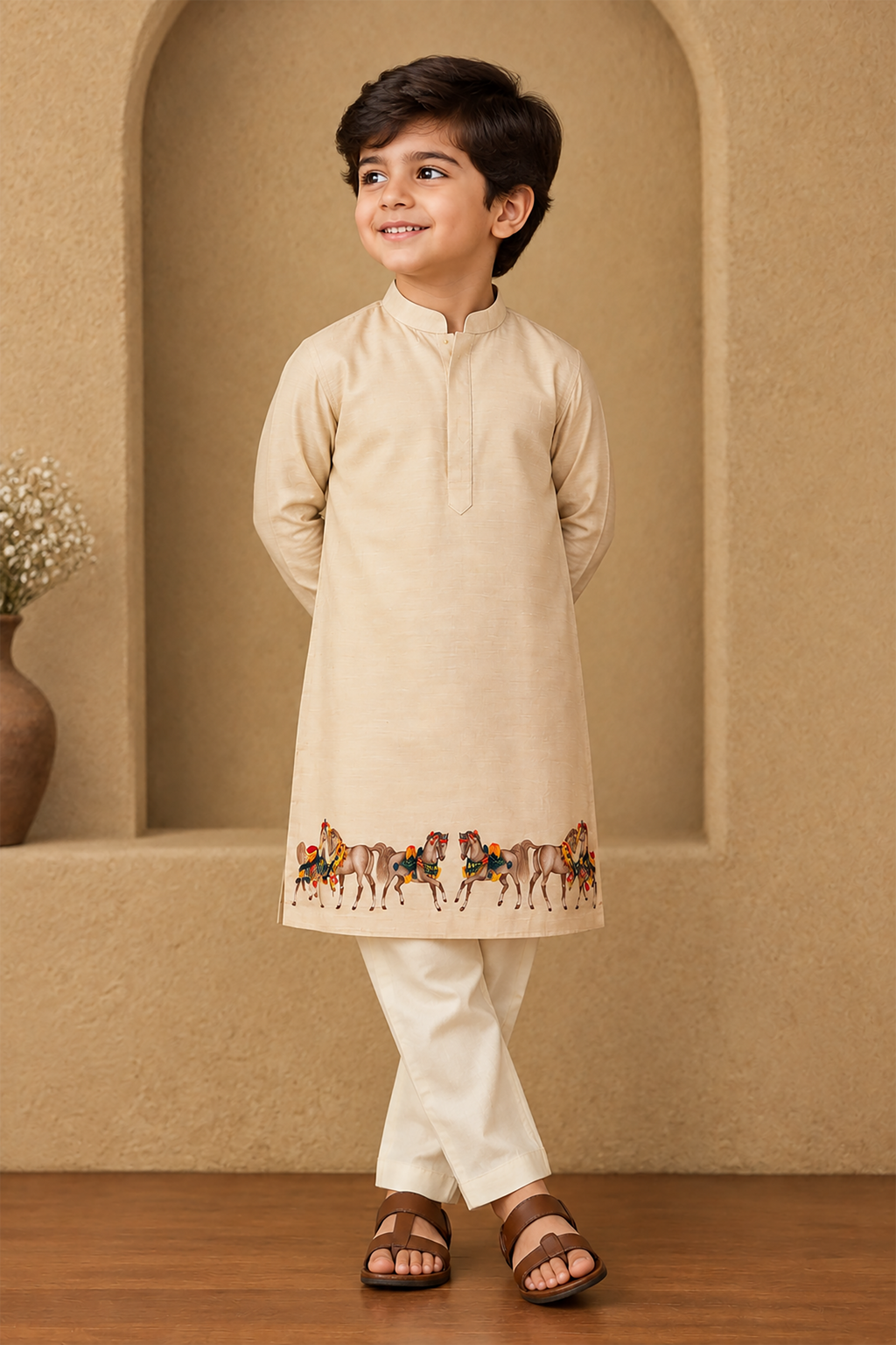 Royal Horses l  Pure cotton silk hand painted kurta set
