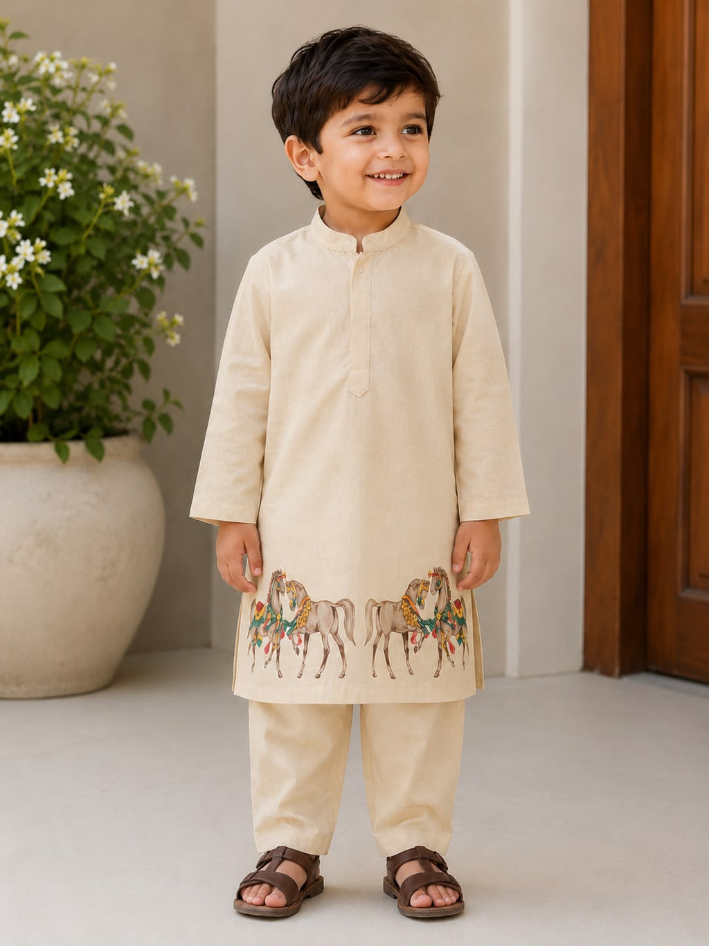 Royal Horses l  Pure cotton silk hand painted kurta set